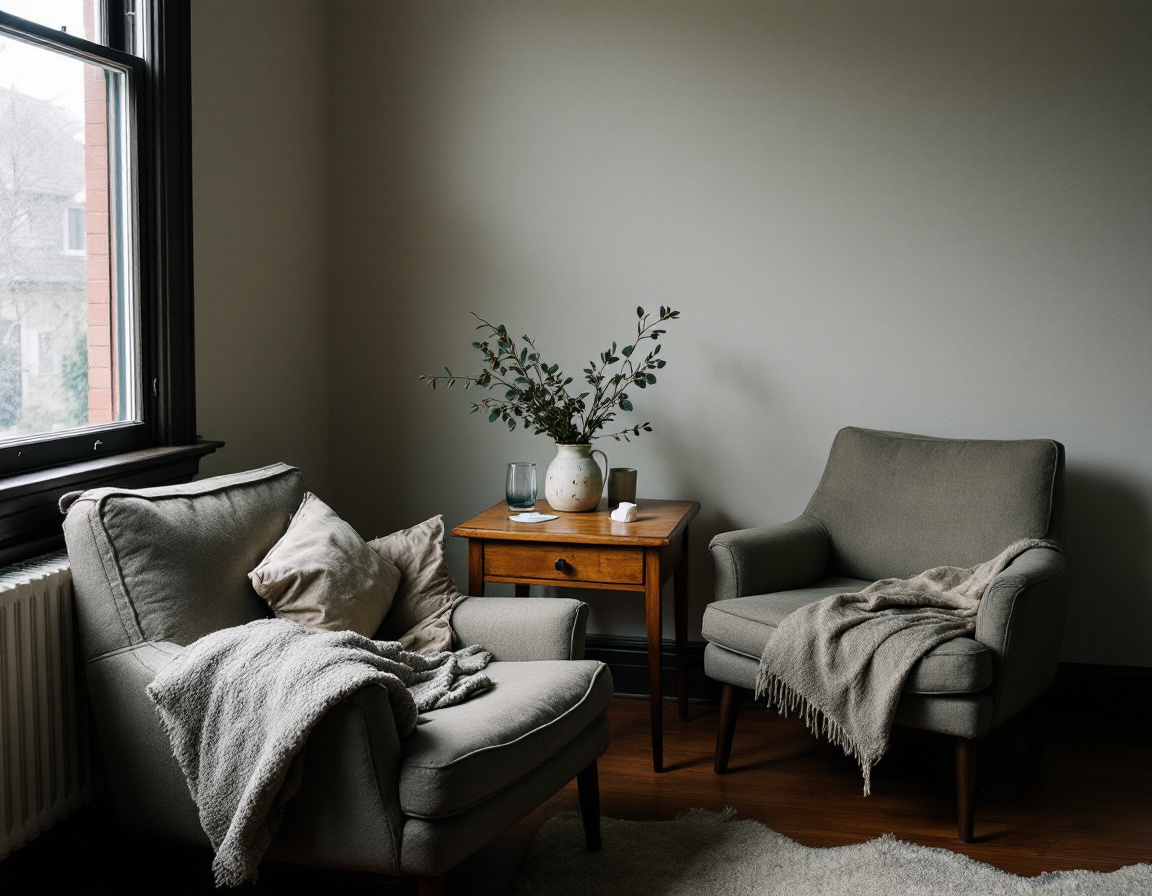 Two armchairs beside a window in Christine's consultation room