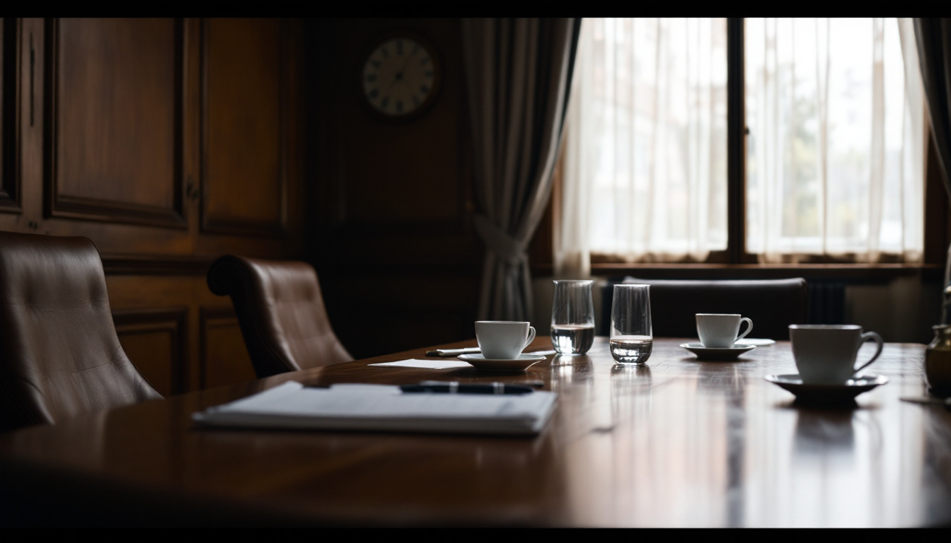 A warm boardroom set with water and cups before a session