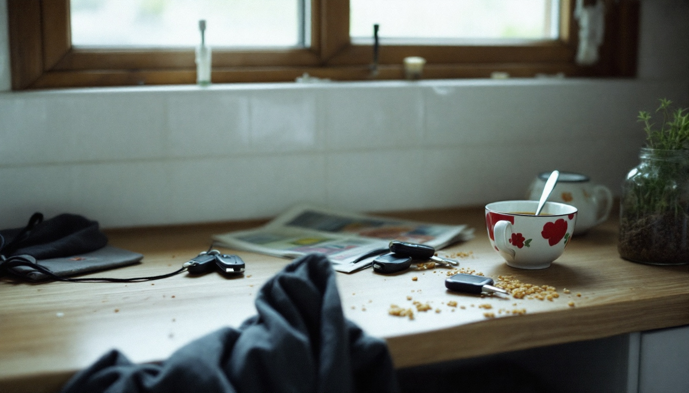 A kitchen bench with cold tea, keys and a jacket left behind
