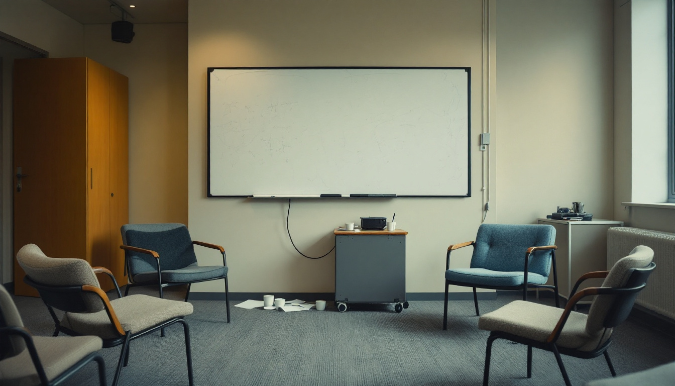 An empty meeting room with chairs pushed back