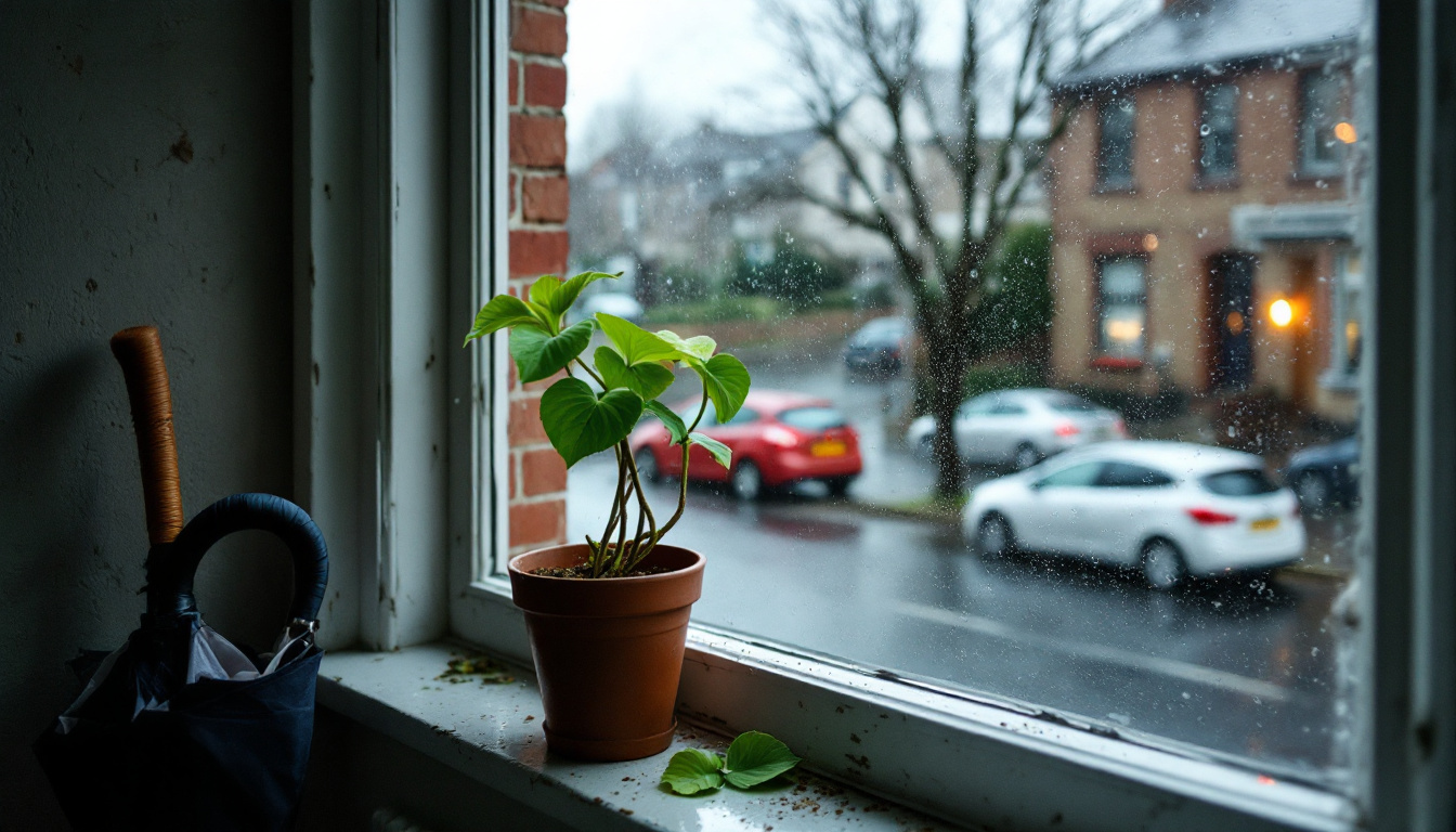 Rain on a window above a plant on the sill
